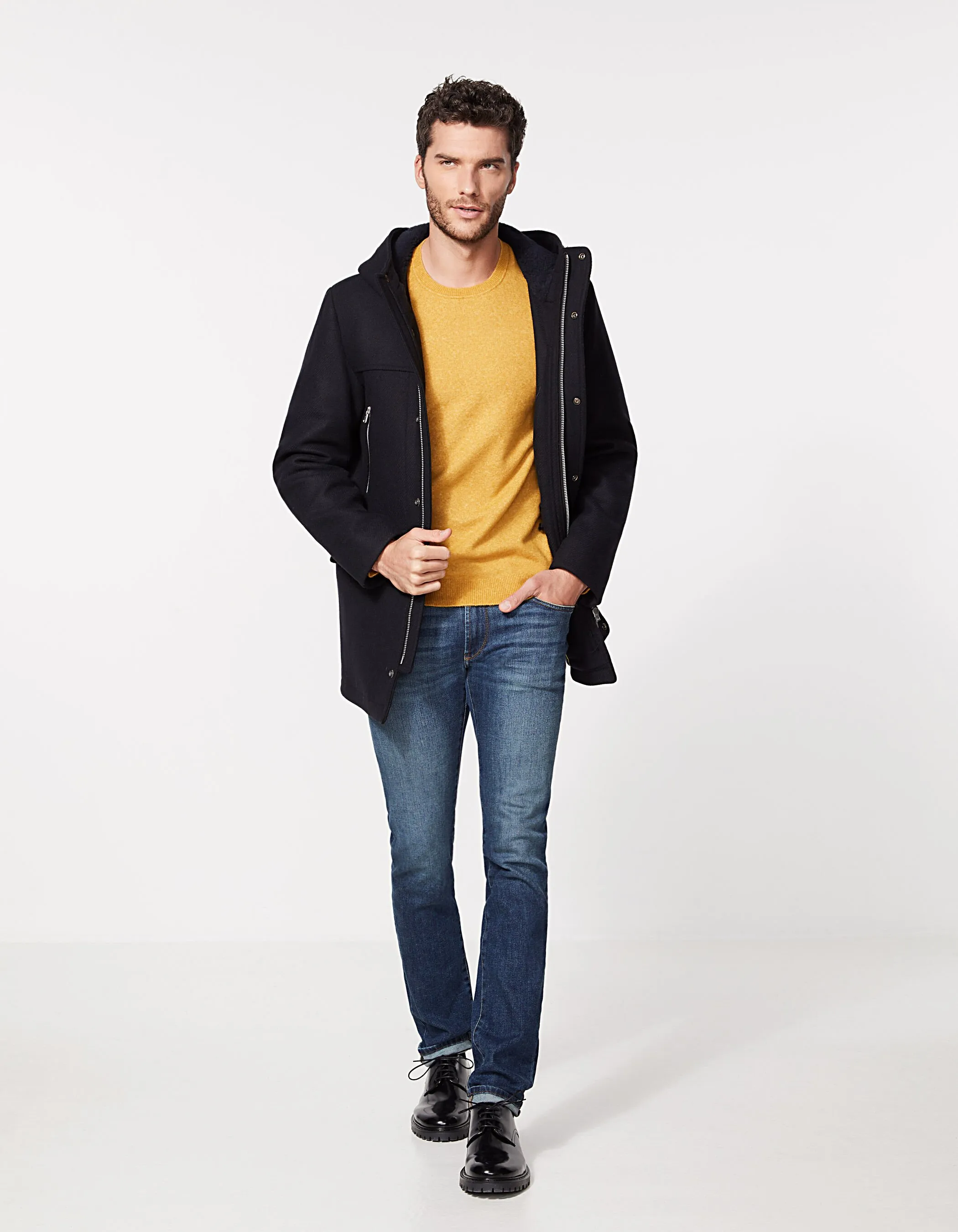 Pull jaune ocre tricot laine mélangée Homme
